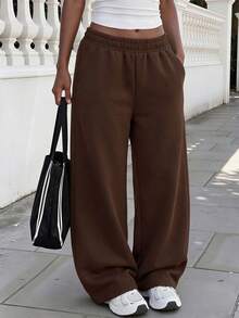 1pc Girls' Solid Color Casual Outdoor Loose Sports Versatile Fleece Lined Long Pants - Brown - View 6