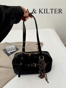 CHAIKA & KILTER 1pc Solid Color Suede Fabric Women's Vintage Fashion Matte One Shoulder Bowling Bag, Contrast Quilted Stitching, Dual Handle Design, Zipper Closure, Suitable For Daily And Travel Use (Includes Pendant) - Black - View 5