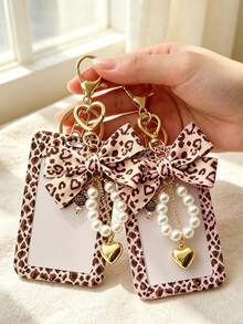 Leopard Print Bow Badge Lanyard, Pearl Heart Keychain Card Holder, Suitable For Women's Office And School Use, Ideal Gift For Back To School Or Back To Work - Multicolor - View 1
