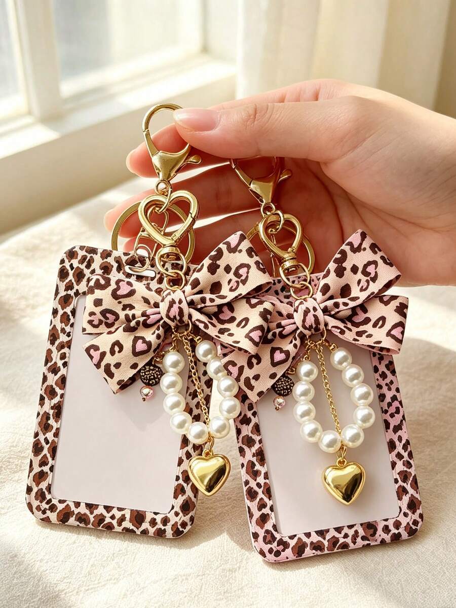 Leopard Print Bow Badge Lanyard, Pearl Heart Keychain Card Holder, Suitable For Women's Office And School Use, Ideal Gift For Back To School Or Back To Work - Multicolor - View 1