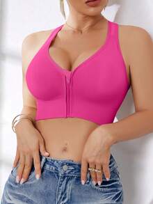 Women's High Intensity Front Zip Seamless Wireless Sports Bra, Suitable For Spring, Summer, Autumn And Winter - Hot Pink - View 4