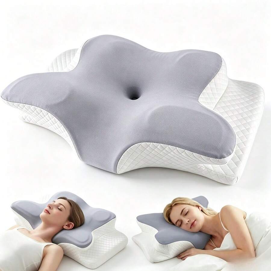 Bantal Leher dan Bahu, Bantal Ergonomis Busa Memori dengan Sarung Bantal, Bantal Tidur Nyaman yang Dapat Diatur, Bantal Penopang Leher untuk Tidur Miring, Tengkurap, dan Telentang, Bantal Pembentuk Leher Ergonomis 2-in-1 - putih keabu-abuan - View 1