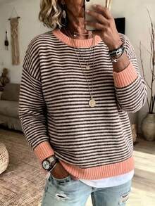 Plus Size Women Crew Neck Contrast Trim Stripe Sweater, Long Sleeve Loose Pullover, Fall Winter Color Block Ribbed Knit Top - Orange - View 1