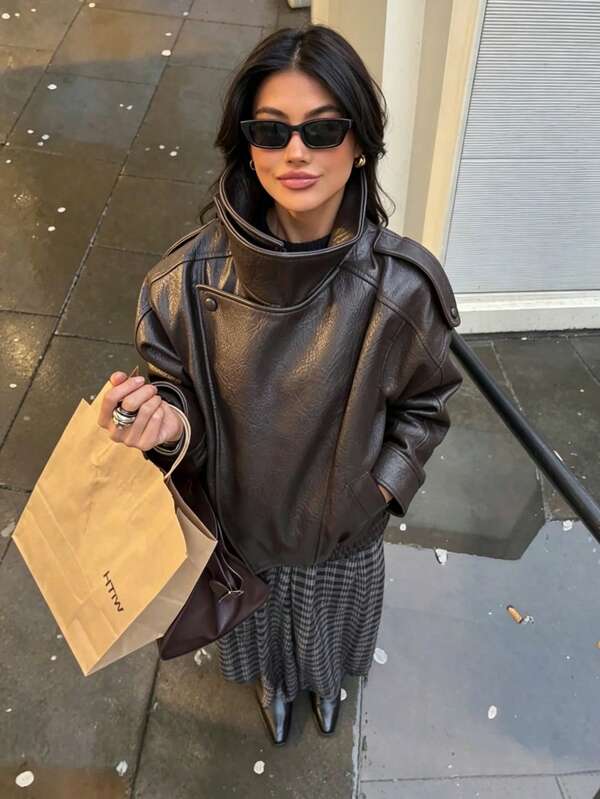 DEEKA Chaqueta/Abrigo de Cuero Sintético Marrón Estilo Europeo & Americano Minimalista Versátil Holgado Oversize para Mujer Primavera/Otoño, Streetwear Otoño