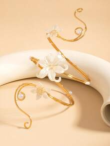 1pc Handmade Wrapped Flower Pearl Arm Cuff, Open Design, Vacation Style Dress Accessory - White - View 7