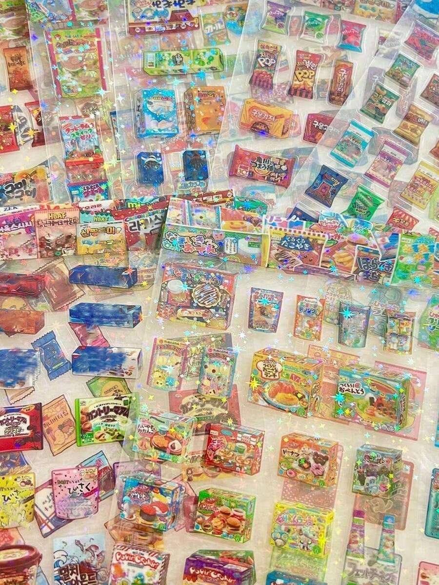 2/20pcs Cute Y2K Transparent Flash Film Snack Food Sticker Scrapbook Notebook Cup Stationery Decor Glitter Stickers Gift