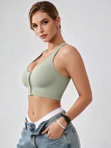 Runway Rest Women's High Intensity Front Zip Seamless Wireless Sports Bra, Suitable For Summer, Winter, Autumn And Spring - Mint Green - View 5
