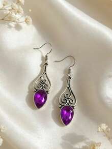 1 Pair Vintage Bohemian Style Purple Rhinestone Teardrop Geometric Hollow Pendant Earrings, Suitable For Women's Daily, Party, Travel Wear Jewelry Gift - Silver - View 3