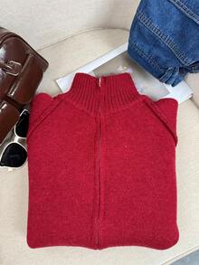 Wixra Korean Style Loose Knit Cardigan, Stand Collar Raglan Sleeve Double Zipper Top, Solid Color Preppy Style Autumn/Winter Layering Essential - Red - View 6