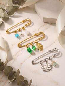 304 Stainless Steel 18K Gold Plated Multi-Purpose Brooch For Women, Sun Moon Leaf Natural Stone Bead Pendant Jewelry, Women's Coat Scarf Brooch - Brooch - View 6