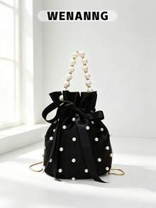 Mini Faux Pearl & Rhinestone Decor Bucket Bag Fashion Luxury Chic Mini Pearl Handle Bucket Shape Shoulder Bag Pearl Beaded Evening Handbag Custom Logo Purse - Black - View 1
