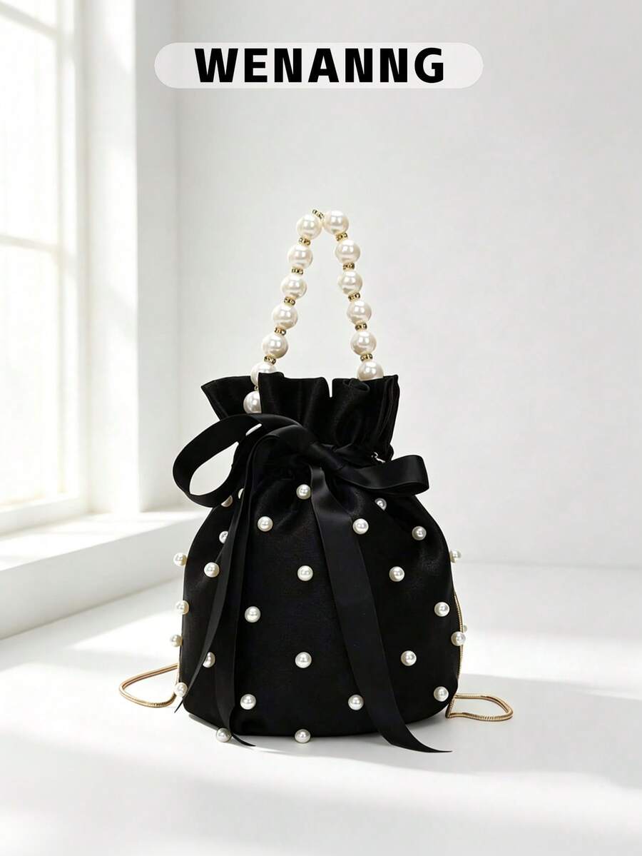 Mini Faux Pearl & Rhinestone Decor Bucket Bag Fashion Luxury Chic Mini Pearl Handle Bucket Shape Shoulder Bag Pearl Beaded Evening Handbag Custom Logo Purse - Black - View 1