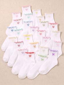 20/10/5 Pairs Random Sweet Heart Ruffle Trim Girls Socks, Soft Breathable Mid-Calf Socks, Back To School Autumn Socks, Halloween Christmas Party Socks - Multicolor - View 1