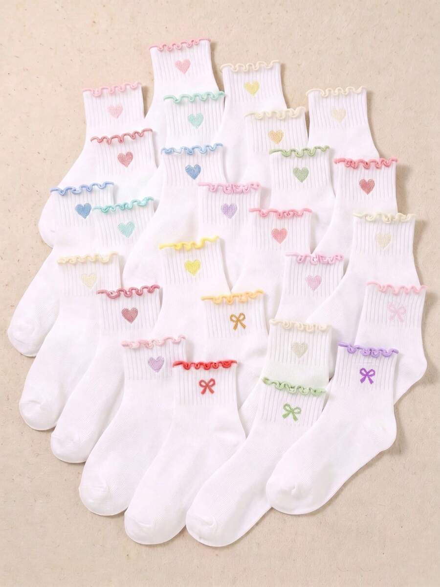 20/10/5 Pairs Random Sweet Heart Ruffle Trim Girls Socks, Soft Breathable Mid-Calf Socks, Back To School Autumn Socks, Halloween Christmas Party Socks - Multicolor - View 1
