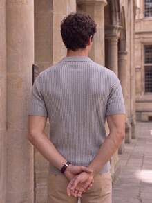Men's Vertical Ribbed Knit Polo Short Sleeve, Light Business Casual Loose Fit Top - Dark Grey - View 2
