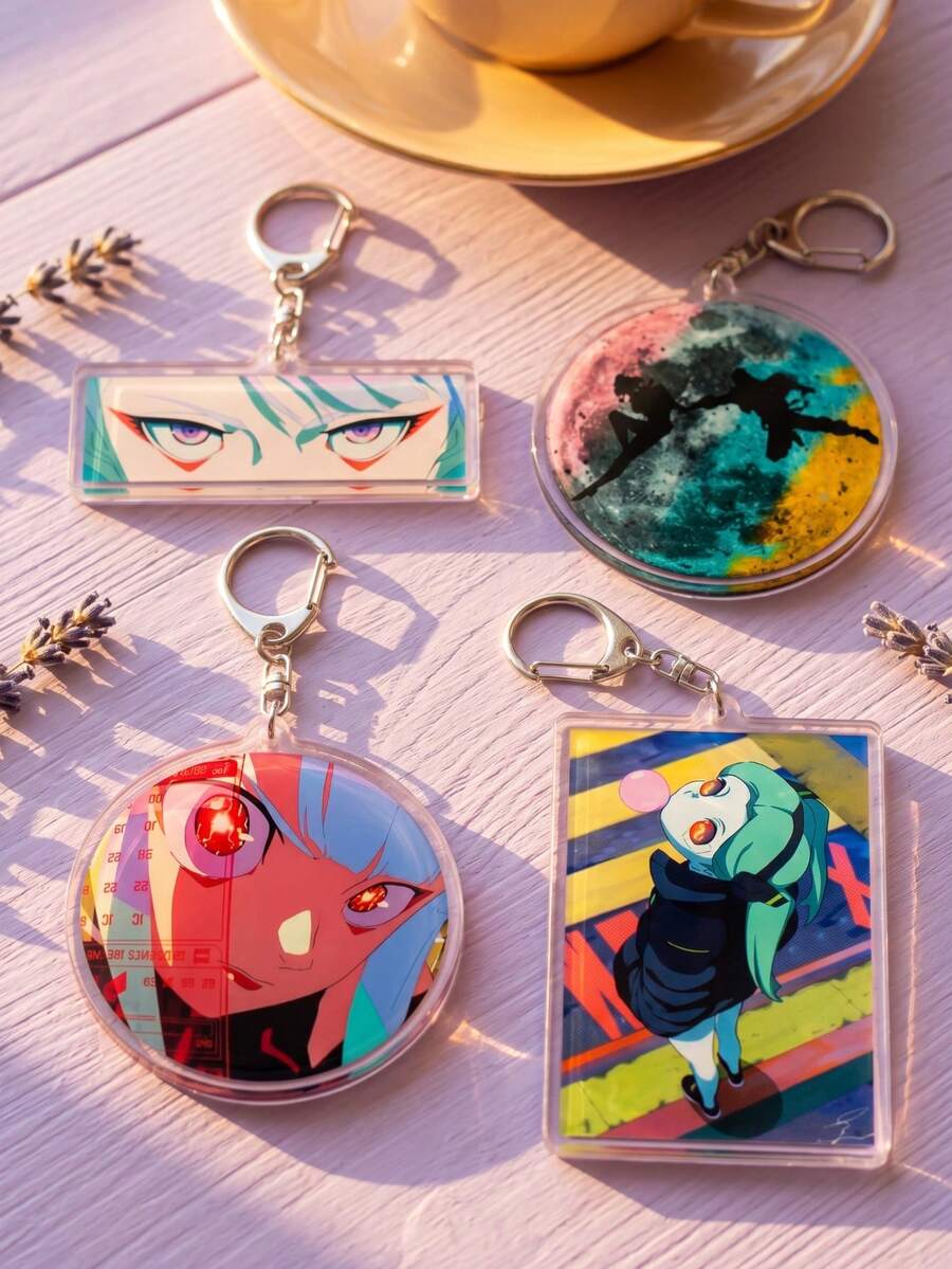 1pc/4pcs Cyberpunk Themed Acrylic Keychains, Featuring Anime Character Close-Ups And High-Saturation Aesthetic Design, Fashionable Bag Pendant, Suitable For Back To School, Gift For Anime Fans, Exquisite Collection, All Season Use - Multicolor - View 1