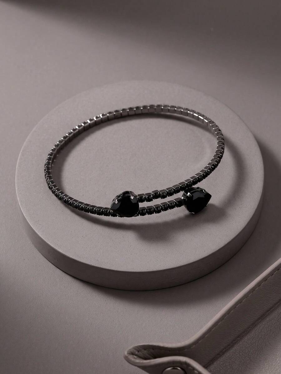 European And American Luxury Black Double Water Drop Rhinestone Bracelet, Women's Personalized Sweet Cool Wrapped Open-End Pave Rhinestone Bracelet, Rhinestone Sparkling Versatile Daily Party Accessory, Dark Sweet Cool Style Double Water Drop Black Rhinestone Bracelet, Women's High-End Open-End Elastic Pave Rhinestone Bracelet, Party Daily Alloy Jewelry