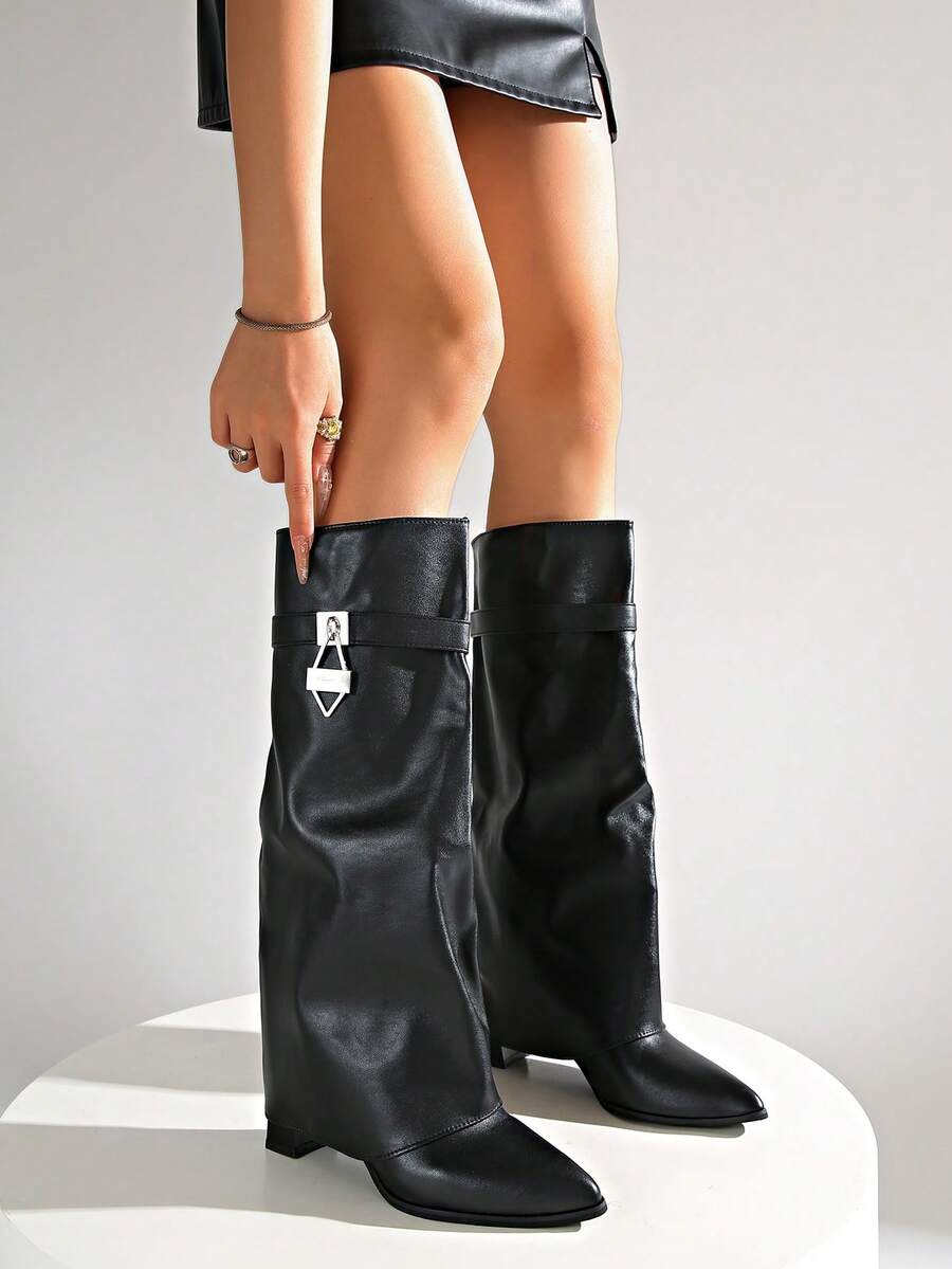 Spring Autumn Winter Women's Fashion Boots, Women's Knee-High Boots, Fold-Over Boots, Western Boots, Pants Boots, Leg Boots, Hot Girl Boots, Buckle Design, Eye-Catching, Suitable For Daily, Indoor/Outdoor, Party, Matching Skirts, Shorts, Elegant Women's Boots, Women's Ankle Boots And Ankle Boots