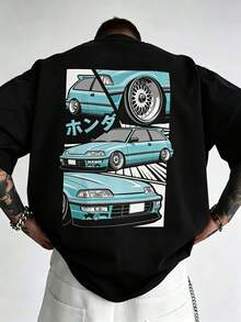 Unisex Cotton T-Shirt In Y2K Hip-Hop Streetwear Style, Featuring Civic Drift JDM Racing Car Graphic, Short Sleeve For Racing Enthusiasts. - Black - View 1