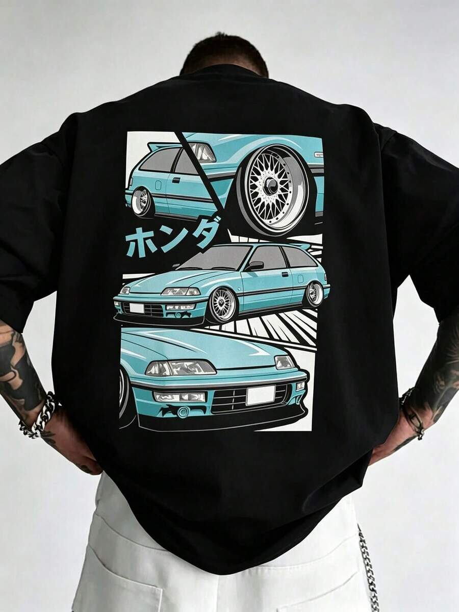 Unisex Cotton T-Shirt In Y2K Hip-Hop Streetwear Style, Featuring Civic Drift JDM Racing Car Graphic, Short Sleeve For Racing Enthusiasts. - Black - View 1