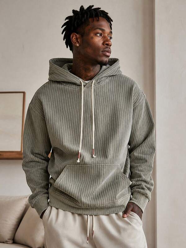 Men's Casual Olive Green Vertical Striped Sweatshirt, Minimalist Drawstring Pullover Sweatshirt