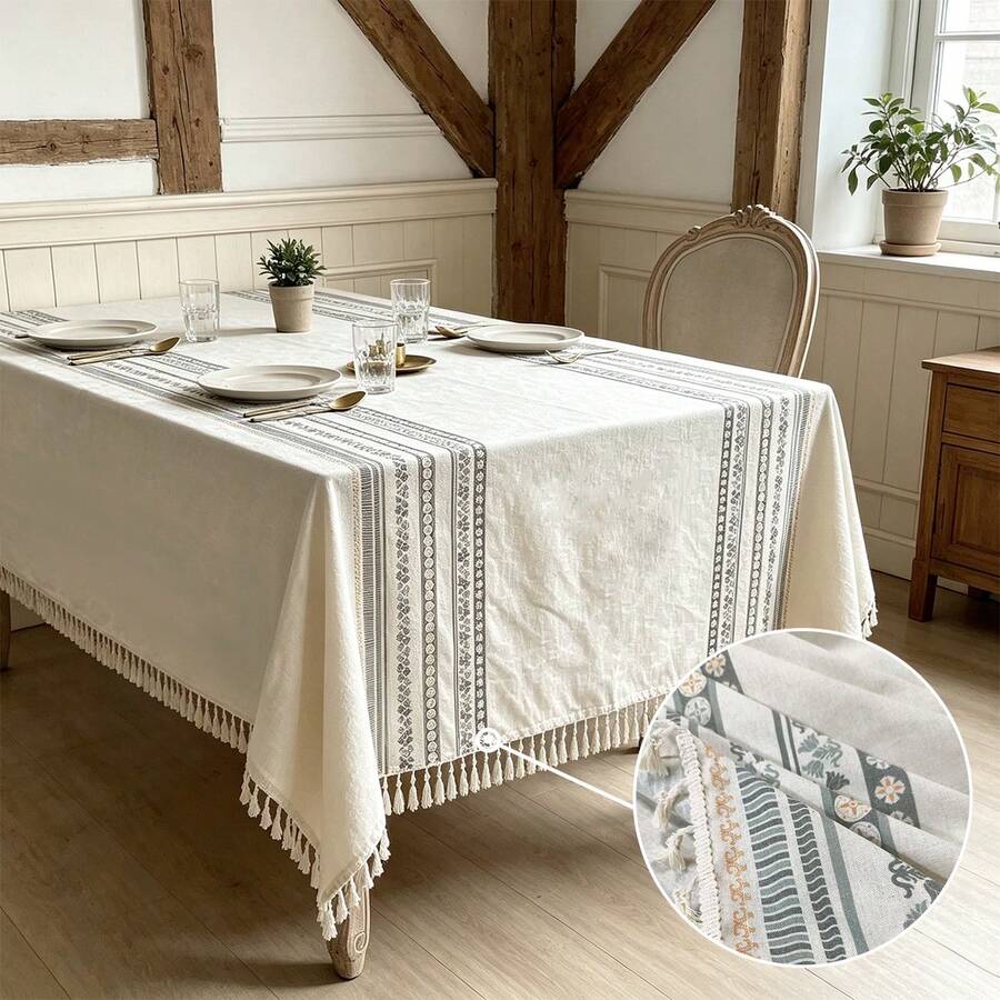 1pc Bohemian Tassel Tablecloth, Bohemian Style Printed Tablecloth With Tassel Trim, Suitable For Living Room, Dining Room, Balcony And Other Decorative Tablecloth - Beige - View 1
