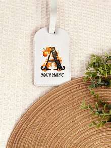Custom Name Halloween Pumpkin Initial Luggage Tag, PU Leather Personalized Suitcase Label, Travel Accessory Halloween Christmas Gift - White - View 4