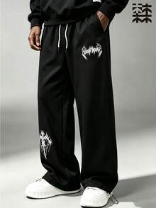 Mulinsen Men's Gothic Print Drawstring Wide Leg Pants, Casual Loose Streetwear Joggers With Pockets - Black - View 4