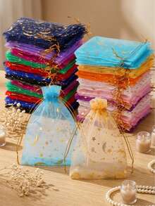 100/50/30/10pcs/Set Star & Moon Organza Drawstring Gift Bags, Gold Glitter Transparent Mesh Bags, Multicolor Transparent Organza Candy Jewelry Packaging Bags, Suitable For Wedding Party Holiday Favors - Multicolor - View 8
