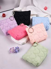 XD 12/6/3/1pc Quilted Coin Purse With Key Ring - Zippered Colorful Coin Bag, Heart Pattern Portable Wallet, Fashionable Kids Daily Storage Essential, Compact & Unique Accessory, Suitable For Valentine's Day/Halloween Holiday Gifts, Parties And Weddings - Multicolor - View 3