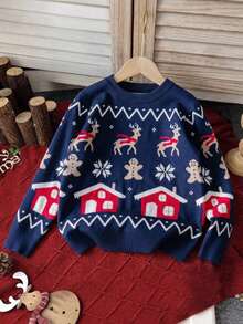 Girls Cute Christmas Reindeer Sweater Knit Pullover, Christmas Gift, Suitable For Christmas Party, Spring, Winter, Autumn - Navy Blue - View 6