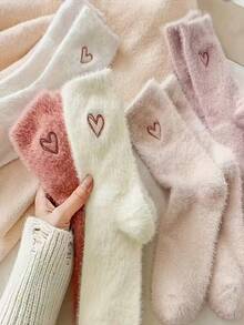1/3/5 Pairs Per Pack, Thickened Warm, Cute Solid Color, Heart And Bow Patterns Available, Suitable For Spring, Autumn, Winter Wear. Simple Solid Color Mid-Calf Socks, Ideal Gift For Women On Christmas, Valentine's Day And Mother's Day. - Multicolor - View 2