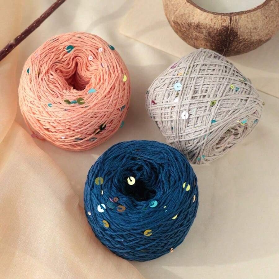 150g/3pcs Multi-Color Beautiful Pale Purple Sequin Yarn Cotton Thread 1mm Iridescent Round Sequins INS Hot-Selling Braided Hair Ties Pure Cotton Knitted Yarn - 150G/3PC - View 1