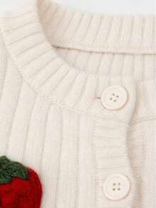 Baby Girl 3D Strawberry Knit Cardigan Denim Set, Spring/Autumn New Style, Versatile Ribbed Long Sleeve Top And Loose Casual Straight Leg Jeans - Apricot - View 5