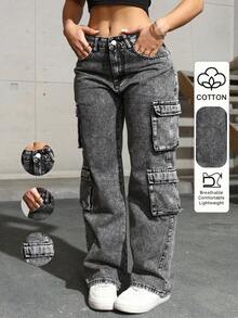 Jeans de Mezclilla con Bolsillos Laterales Tipo Cargo con Solapa, Estilo Simple y Moderno para Uso Diario Casual en Primavera y Otoño - Gris - Ver 2