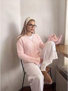 Women's Autumn/Winter Party & Outing Set, Pink Knit Hollow Design Long Sleeve Top, Casual Style - Pink - View 10