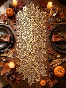 1pc, Leaf Foil Table Runner, Suitable For Restaurant Table Decoration, Protect Tabletop, Floral Table Runner, Wedding Party Table Mat, Birthday Banquet Table Mat, Outdoor Country Party Table Runner - Multicolor - View 1