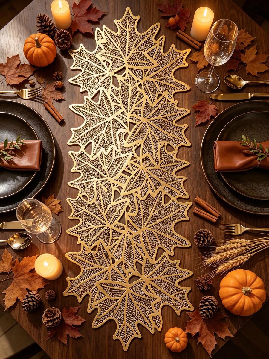 1pc, Leaf Foil Table Runner, Suitable For Restaurant Table Decoration, Protect Tabletop, Floral Table Runner, Wedding Party Table Mat, Birthday Banquet Table Mat, Outdoor Country Party Table Runner - Multicolor - View 1