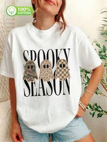 Women's Plus-Size Halloween Ghost-Print T-Shirt. Lightweight And Breathable With A Crew Neck, Perfect For Halloween Parties. - White - View 5