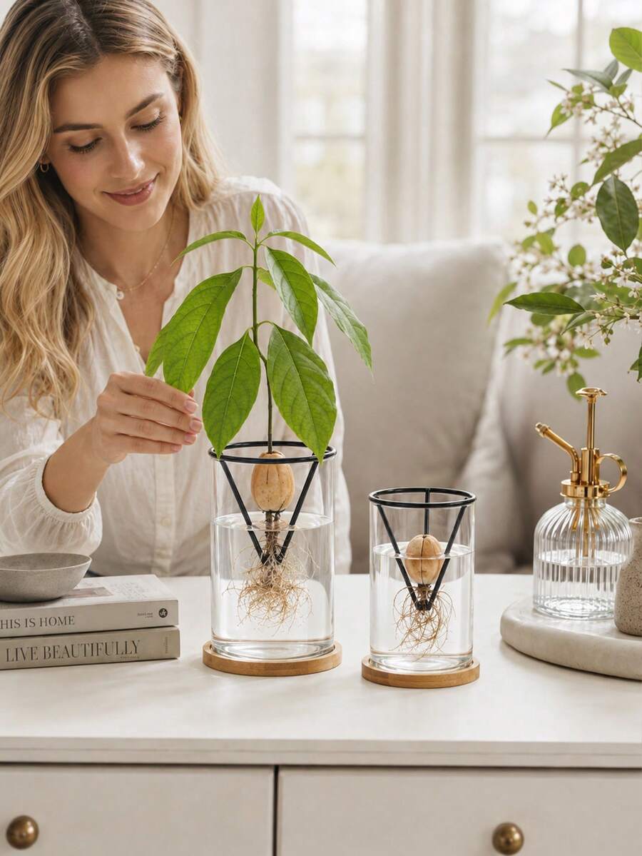 2/1pc Avocado Seed Growing Rack, Triangular Metal Plant Sprouting Stand, Glass Jar Seed Starter Rack, Reusable Avocado Pit Growth Support, Indoor Hydroponic Plant Propagation Accessory, Home Desktop Decor Seed Hanging Stand - Multicolor - View 1