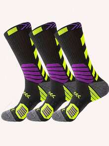 3 Pairs Men's Contrast Color Basketball Mid-Calf Socks, Cushioned Shock-Absorbing Breathable Training Sports Fitness Socks - Multicolor - View 4