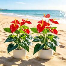 2pcs Artificial Poinsettia Plants, Red Flowers Green Leaves, Maintenance-Free Faux Flowers, Indoor/Outdoor Year-Round Decoration, Suitable For Wedding, Garden, Home, Valentine's Day, Holiday Decor, Realistic Artificial Ornamental Flowers - Multicolor - View 9