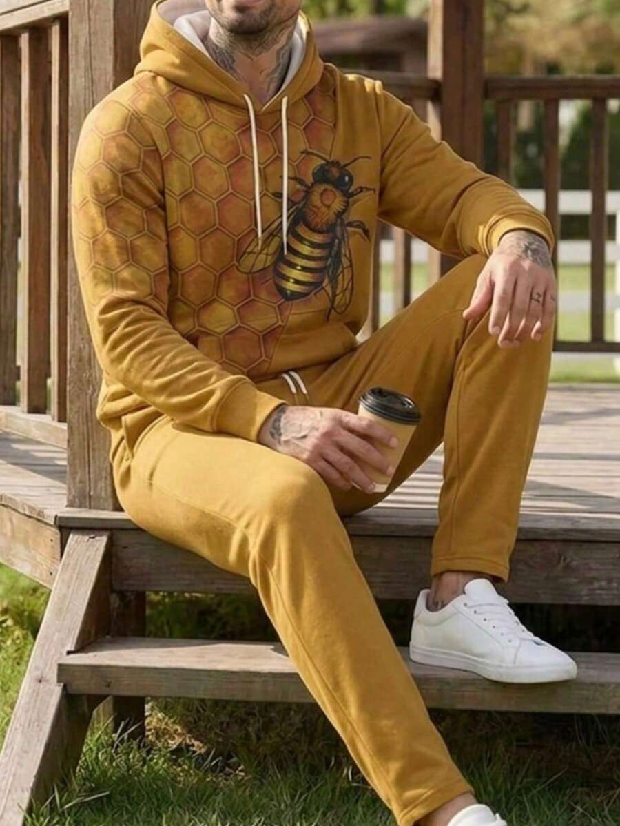 Men's Autumn/Winter Casual Comfortable Bee Print Hoodie & Sweatpants Set - Multicolor - View 1