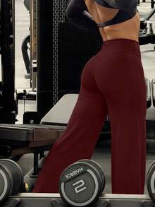 One Piece Women's Solid Color High Waist Yoga Long Loose Wide Leg Pants, Comfortable Slimming, Suitable For Running And Fitness, Versatile - Burgundy - View 2