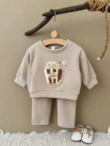 2Pcs/Set Infant/Toddler Popcorn Fleece Embroidered Sweatshirt Set, Spring/Autumn Round Neck Long Sleeve Top & Solid Color Casual Pants, 2 Pieces Children's Outfit - Khaki - View 4