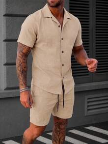 Men's Casual Short Sleeve Single-Breasted Shirt And Drawstring Waist Pocket Shorts Beach Set - Mocha Brown - View 1