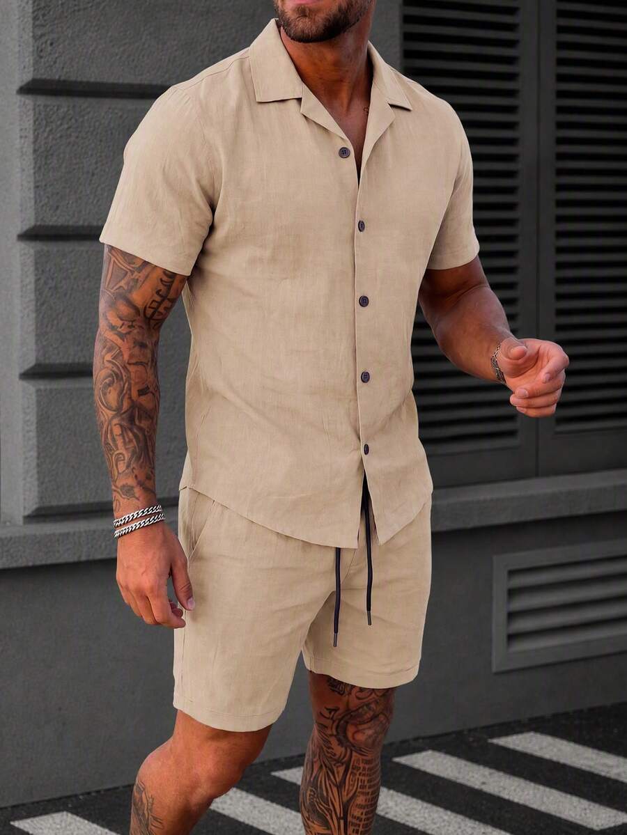 Men's Casual Short Sleeve Single-Breasted Shirt And Drawstring Waist Pocket Shorts Beach Set - Mocha Brown - View 1