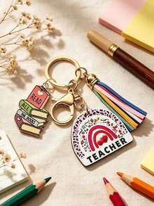 1pc Teacher Theme Keychain, Rainbow Leopard Print Wooden Pendant With Book Charm And Colorful Tassel, Portable Key Ring Accessory, Suitable For Car Keys And Bag Decoration, Ideal Thank You Gift For Educators On Teacher's Day, Back To School And Holidays - Multicolor - View 2