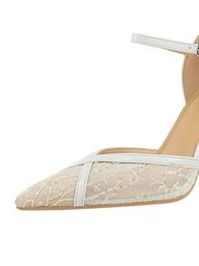 European And American Style Sexy Party High Heel Women's Shoes With Single Strap Pointed Toe Stiletto Heel Premium Lace Mesh Pumps - White - View 7