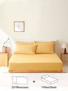 2/3pcs Solid Color Fitted Sheet, Mattress Protector, Mattress Cover, Deep Pocket Fitted Sheet, Soft And Breathable, Suitable For All Bed Sizes - Twin, Full, Queen, King, 14 Inch/35 Cm Deep Pocket, Machine Washable - Buff Yellow - View 2